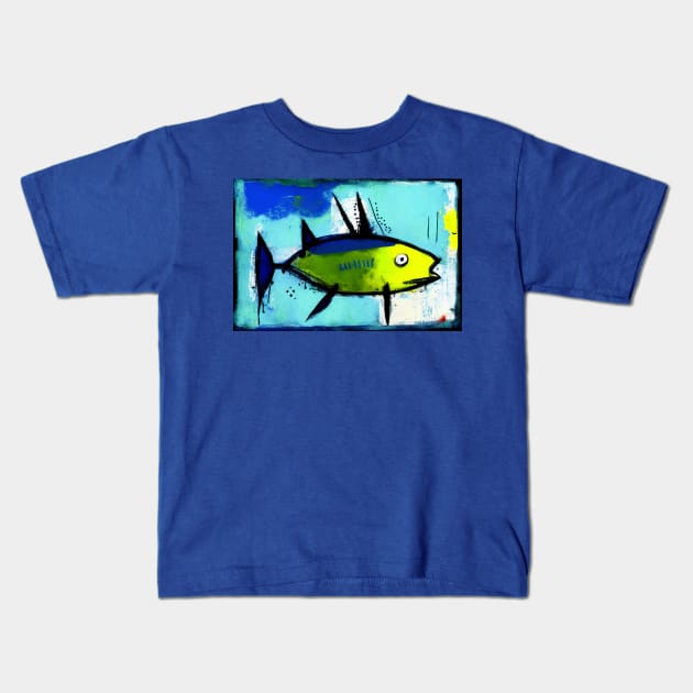 Colorful Tropical Fish Painting in Blue and Yellow Kids T-Shirt by Walter WhatsHisFace